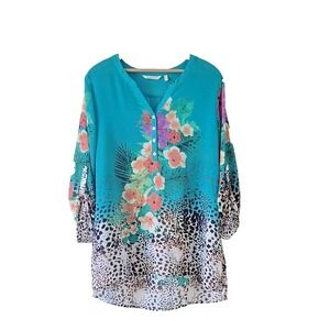 Soft Surroundings Teal Floral Leopard Tunic Blouse Women's 1X Chiffon Top